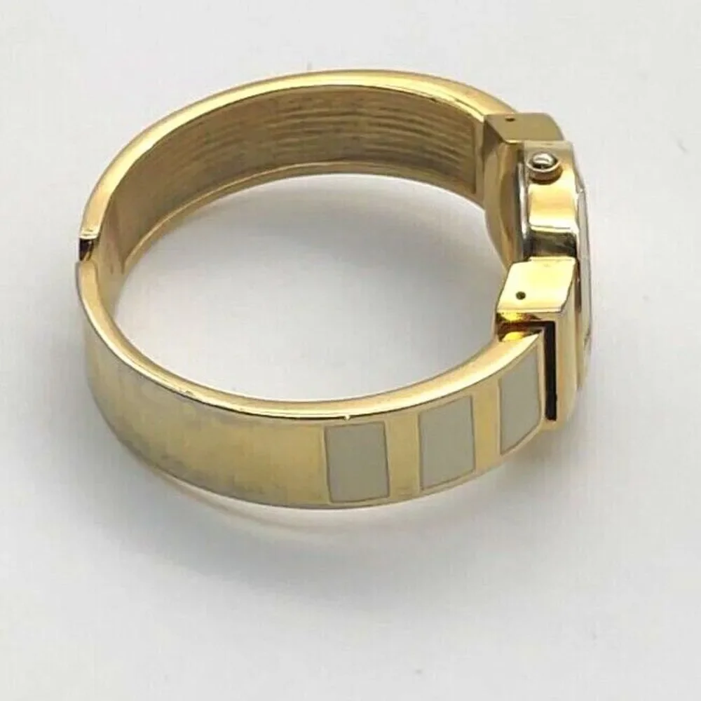 Studio Time Goldtone Creme MOP Face Bling Bezel Cuff Watch -Tested Working